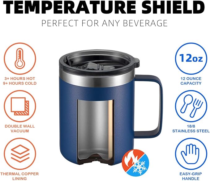 12 oz Insulated Travel Coffee Mug with Handle, Navy | Stainless Steel Coffee Tumbler with Lid, Double Wall Vacuum Thermal Cup for camping - Image 4