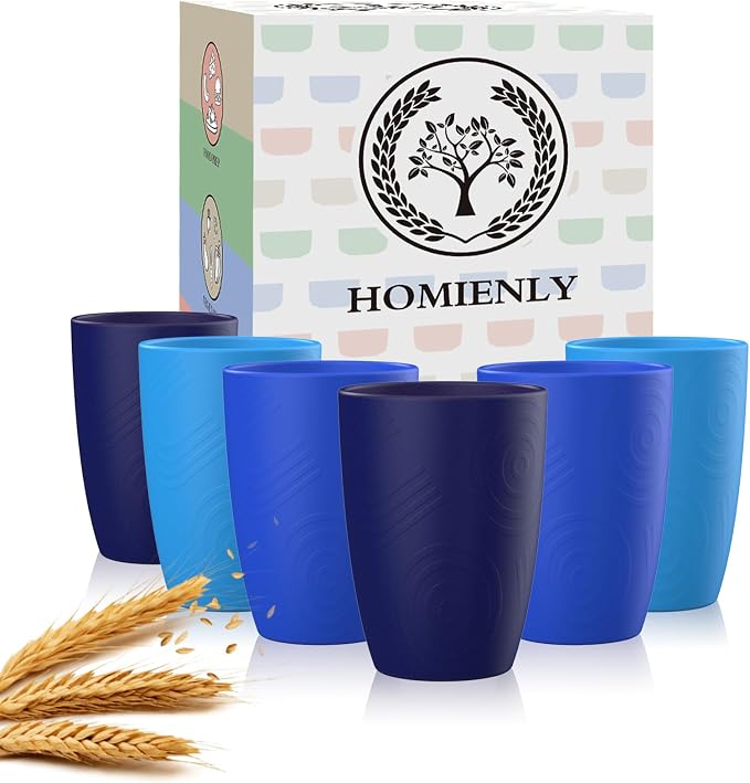 Homienly Cup Sets for Kitchen 12oz Wheat Straw Cups Unbreakable Drinking Cups Set of 6 - Lightweight,Reusable Cups for Kitchen, Outdoor- Blue Sky by HOMIENLY