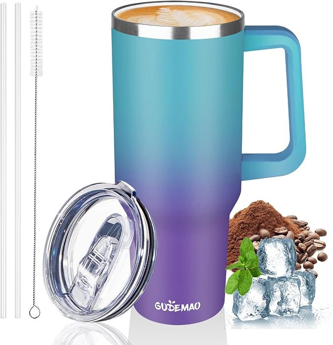 40 oz Insulated Coffee Mug with Ceramic Coating, Stainless Steel Travel Coffee Tumbler with Handle Lid and Straw, Double Wall Leak-Proof Coffee Travel Mug Keeps Drink Hot and Cold (Azure Purple) by GUDEMAO