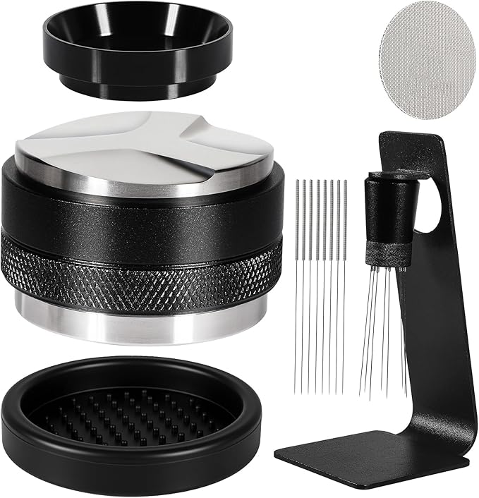 Espresso Accessories Kit 53mm, Coffee Distributor and Tamper Leveler, 316 Stainless WDT Tool with Magnetic Stand, Puck Scree and Dosing Funnel Set Fits Espresso Machine Press and 54mm Portafilters