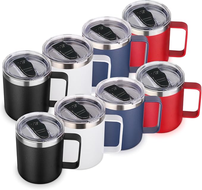 Volhoply 14oz Insulated Stainless Steel Coffee Mug with Lid Bulk 8 Pack,Double Wall Vacuum Travel Coffee Cup with Handle,Reusable Cups Tumbler Cup, Camping Mugs Keep Hot,Ideal Gifts(Assorted,8) by LiveFully%EF%BC%8CDrinkFreely%E2%80%94KeepGoingwithVolhoply%EF%BC%81