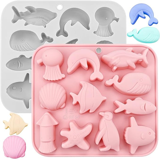 2PCS Marine Theme Cake Silicone Mold Non-stick Ocean Animal Cake Baking Molds for Chocolate Candy Fondant Cupcake Cookie Dessert DIY Cake Decoration Suppies