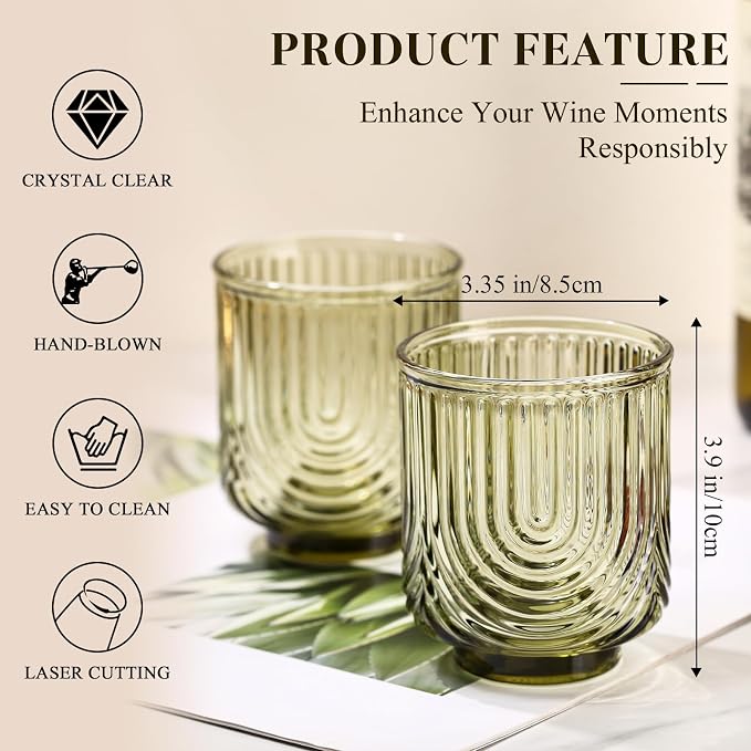 Green Vintage Drinking Glasses Set of 6-15oz Hand-Blown Highball Ribbed Glassware, Arch Design Cocktail Glasses for Whiskey Water Beverages Ice Coffee Juice Milk - Image 3