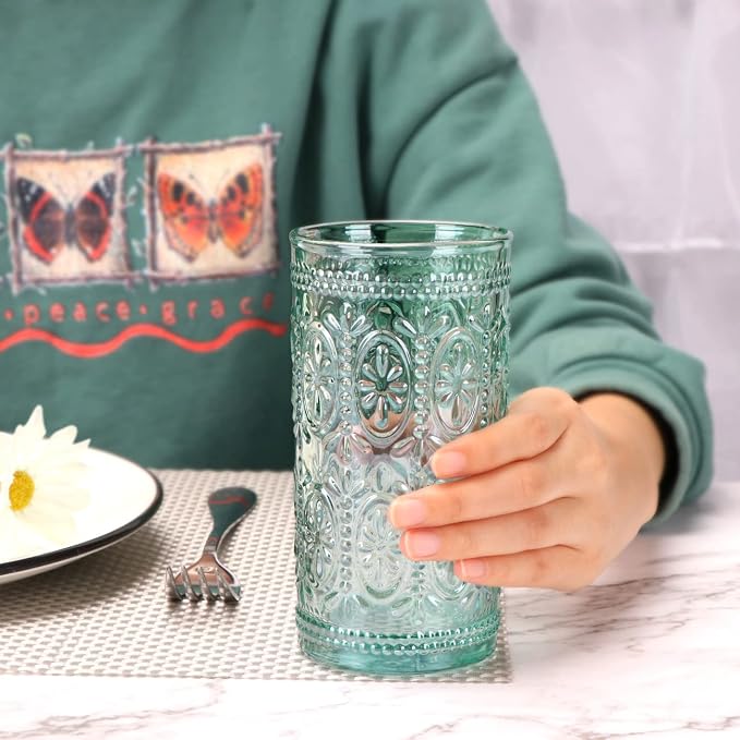 abrwyy Green Drinking Glasses, Vintage Glassware, 12oz Highball Glasses | Lead-Free Glass, Thick&Durable Glass, Home Decoration, Food Grade Glass - Image 8