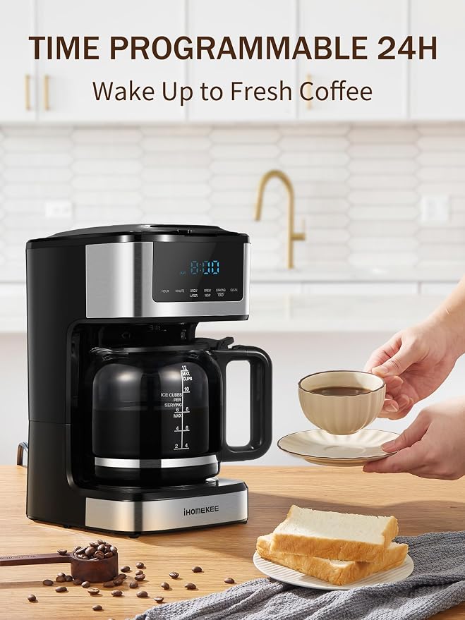 Ihomekee Coffee Maker, Programmable Drip Coffee Machine 12 Cup | Regular & Strong Brew Model, Iced Coffee Function for Home and Office, Black & Stainless Steel (Black,Silver) - Image 2