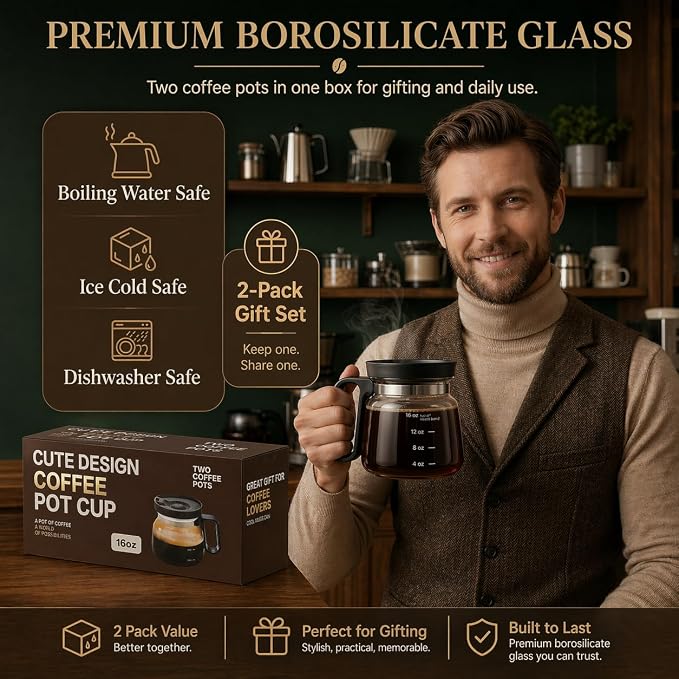 2 PCS Coffee Pot Mug with Lid,16 Oz Glass Mini Coffee Cup Set | Spill Proof Heatproof Large Capacity Clear Travel Mug & Novelty Gift for Coffee Lovers & Office Desk - Image 3
