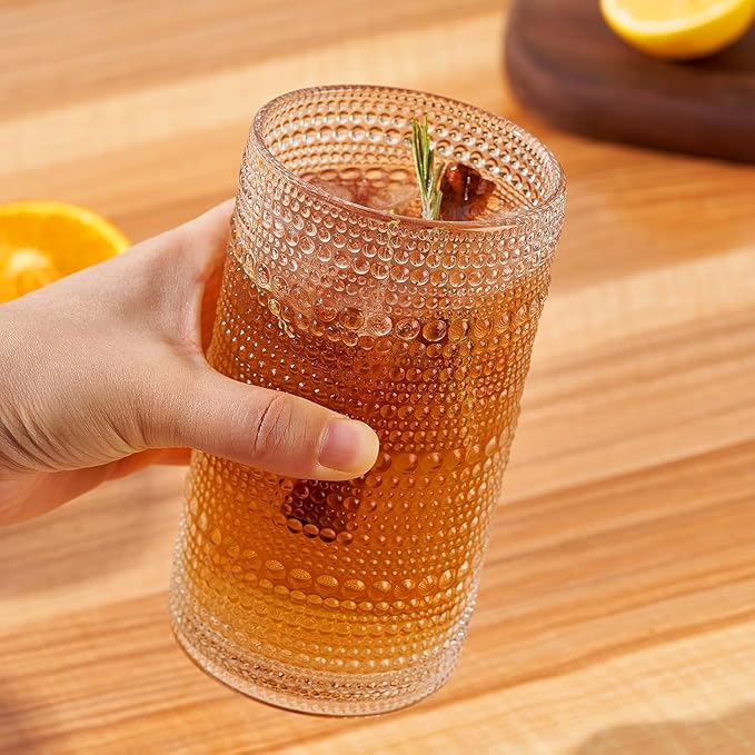 16oz Hobnail Drinking Glasses Set of 6, Vintage Large Capacity Embossed Clear Tumblers, Highball Glasses for Water, Cocktail, Beer, Whiskey, Juice & Bar Use - Image 4