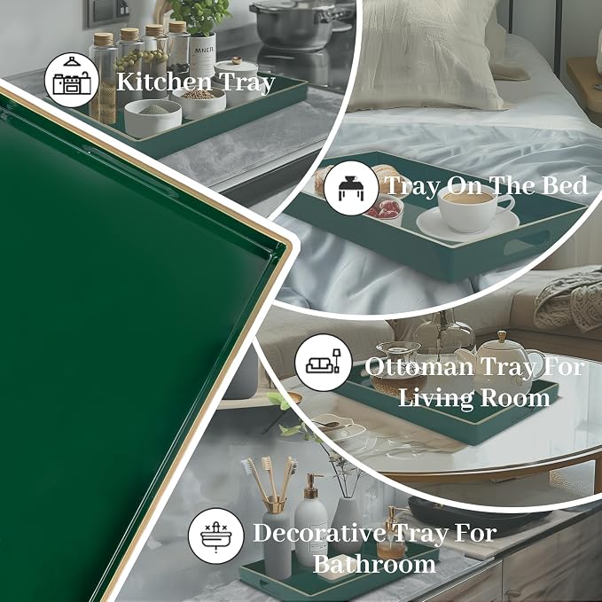 MAONAME Dark Green Decorative Tray for Ottoman, Serving Tray with Handles | Plastic Coffee Table Tray, Modern Melamine Tray, Rectangle Countertop Organizer Tray for Living Room, 15.8"L x 10.2"W x 1.4"H - Image 7