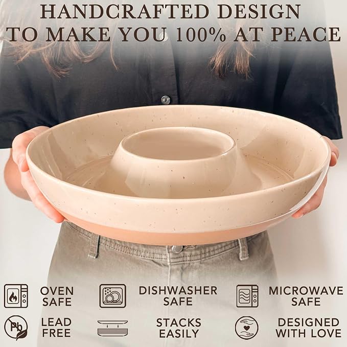 Mora Ceramic Chips and Dip Serving Tray: Large Divided Party Bowl Set for Chips & Salsa, Veggies & Dip, Fruit, Snacks, Entertaining, Hosting, etc. Minimalist Design for the Modern Hostess - Chai - Image 4