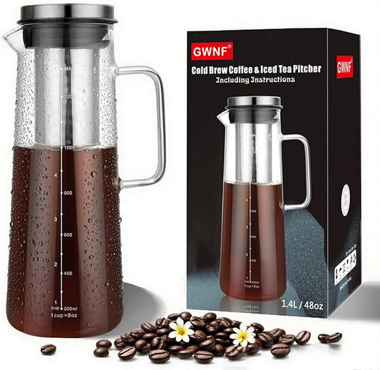 Cold Brew Coffee Maker & Ice Tea Maker, 1.4L/48oz Cold Brew Pither, Borosilicate Glass Carafe with Stainless Steel Filter, Airtight Lid, Dishwasher Safe, Easy to Use | Mannual & Brush Included