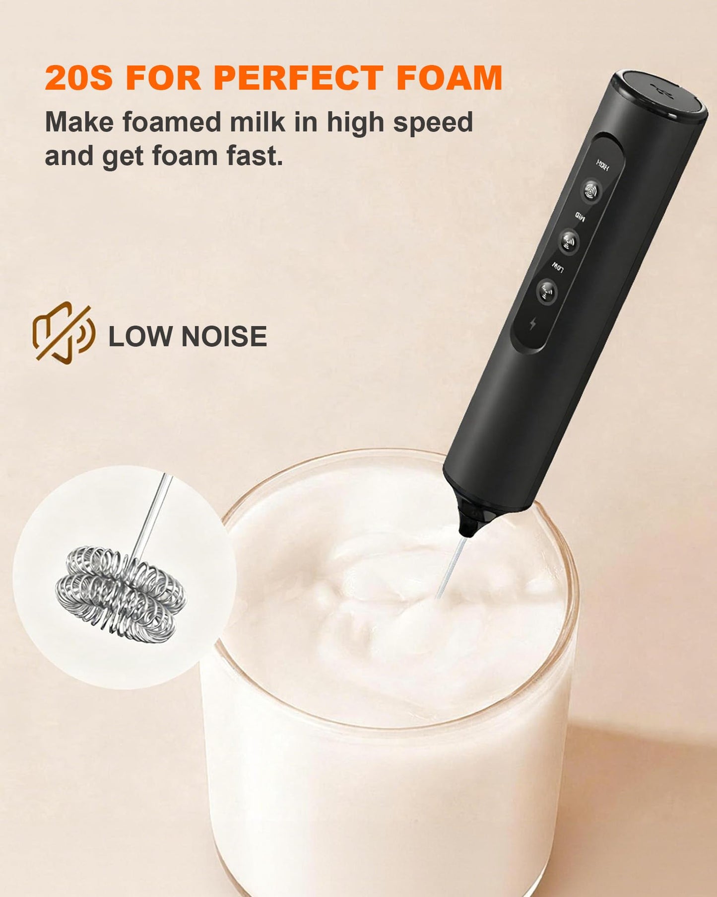 Rechargeable 3-Speed Milk Frother Wand (Black)