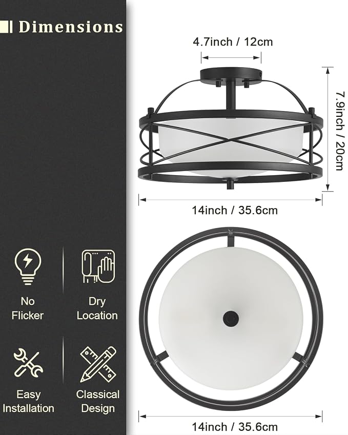 Entryway Drum Light Fixtures, Semi-Flush Mount Rustic Ceiling Light for Hallway Living Room Bedroom Kitchen (Black) - Image 4