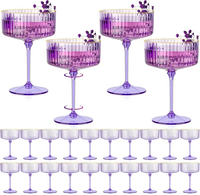 24 PCS Ribbed Coupe Glasses Purple Plastic Champagne Coupe Cup 10oz Detachable Gold Rim Espresso Martini Glass Vintage Margarita Glassware Cocktail Glass Disposable for Halloween Bridal Showers by Unknown