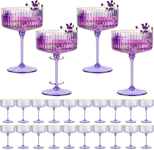 24 PCS Ribbed Coupe Glasses Purple Plastic Champagne Coupe Cup 10oz Detachable Gold Rim Espresso Martini Glass Vintage Margarita Glassware Cocktail Glass Disposable for Halloween Bridal Showers by Unknown