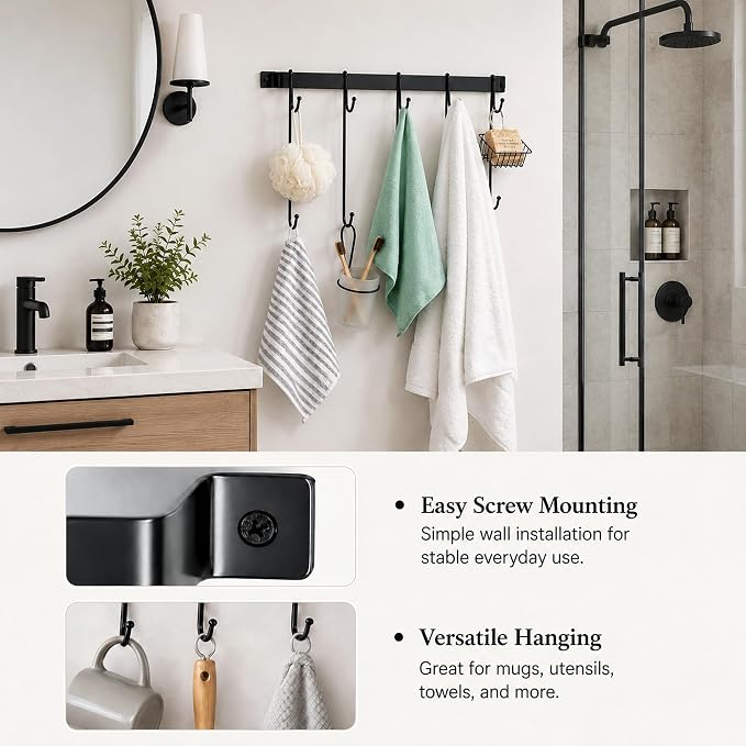17" Coffee Mug Hook Rack Wall Mounted Set of 2 | Black Metal Tea Cup Holder Hanger Organizer 10 Hooks, Kitchen Rail Utensil Rack for Dining Room Coffee Bar - Image 6