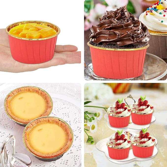Large Cupcake Liners Baking Cups 50 Pack,LNYZQUS 5oz Foil Muffin Cups Muffin Tins,Disposable Ramekins Tins with Lids and Spoons,Cupcake Wrappers Holders for Wedding Bakery-Red in gold - Image 6