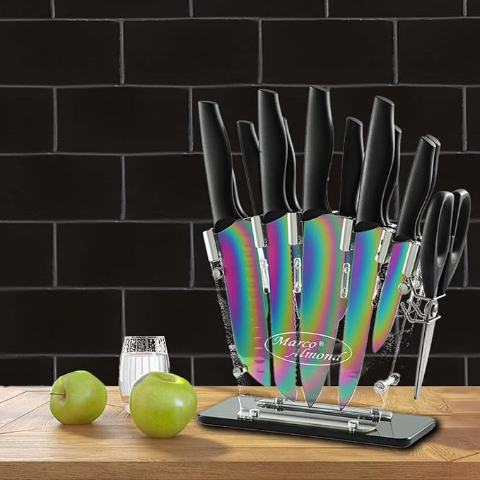 Marco Almond® Knife Block Set,14-Piece Rainbow Color Stainless Steel Knife Sets for Kitchen with block, KYA35 Chef Cooking Knives Set with Acrylic Stand | Rainbow Color Stainless Steel,Knives Set w Acrylic Stand,Razor Sharp,Anti-Rust,Ergonomic Handle,F... - Image 6