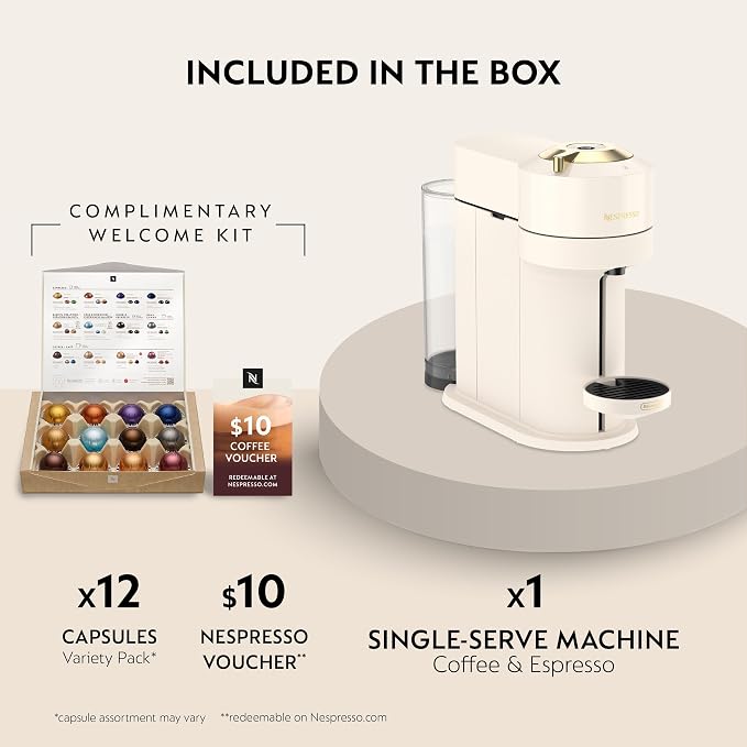 Nespresso Vertuo Next Coffee and Espresso Maker by De'Longhi, Creamy White and Gold | Creamy white and gold coffee machine with slim, sustainable design. Brews 6 cup sizes, espresso to 18 oz., topped with crema. - Image 4