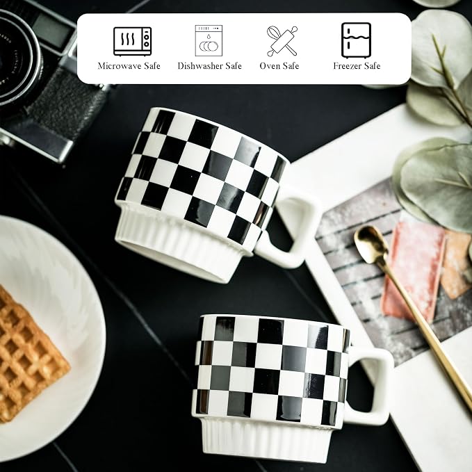 Miamolo Stackable Coffee Mug Set of 4 with Rack and Spoons, Space-saving | 11 oz, Ceramic | Checkered Black and White Pattern | for Coffee Tea Cocoa Milk, Housewarming Gift | Dishwasher Microwave Safe - Image 5