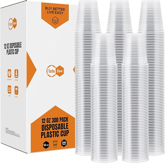 Turbo Bee 12oz Plastic Cups 300 Pack，Disposable Clear Drinking Cups for Home, School, Office & Events，Transparent Tumblers for Drinks, Samples & Commercial Use