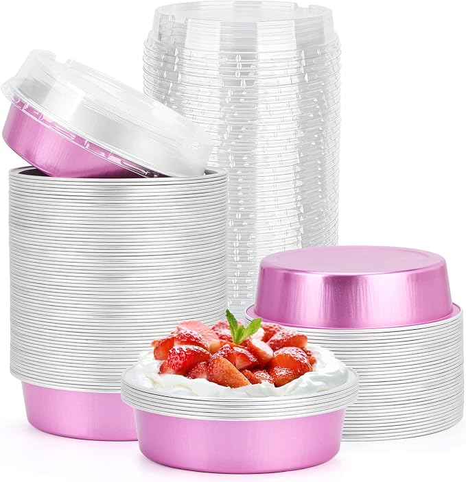 Beasea Disposable Mini Pans with Lids, 100 Pack 4” 8oz Pink Aluminum Baking Pie Foil Tins Small Round Tart Cups Containers for Individual Cupcake Muffin Cheesecake Dessert Ramekins Quiche Oven Dishes by Beasea
