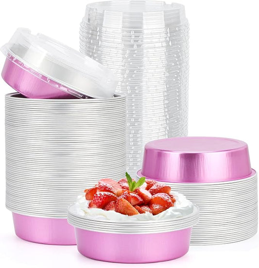 Beasea Disposable Mini Pans with Lids, 100 Pack 4” 8oz Pink Aluminum Baking Pie Foil Tins Small Round Tart Cups Containers for Individual Cupcake Muffin Cheesecake Dessert Ramekins Quiche Oven Dishes by Beasea