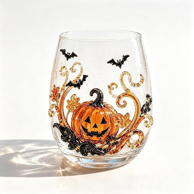 3D Halloween Artisan Glassware Collection, Premium Handleless Glass with Ghost, Pumpkin, Spider & Black Cat Gothic Style Artistic Glass Wine Goblet Designs, for Party & Cozy Fall Home Bar (#A) - Image 8