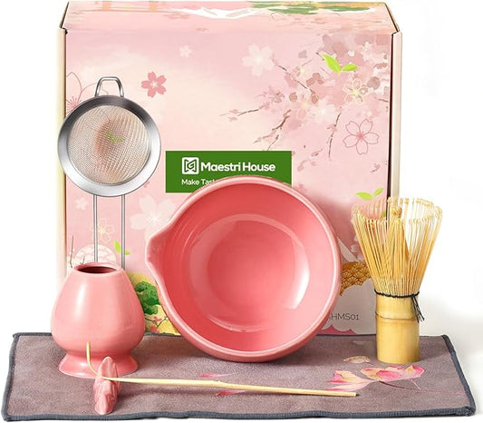 Maestri House Pink Matcha Whisk Set, 7-Pc Complete Matcha Kit with Spouted Ceramic Bowl, Bamboo Whisk and Holder, Scoop, Spoon Rest & Sifter, Tea Cloth – Ideal Gift for Matcha Lovers (Pink)