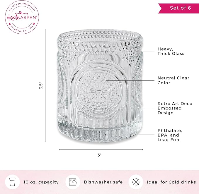 Ribbed Retro Arch Floral Clear Drinking Glasses Set of 6, (10 oz) Vintage Glassware Set by Kate Aspen| Cocktail Glass Set, Juice Glass, Water Cups | Great Hostess Gift & Gift for New Home Owners - Image 6