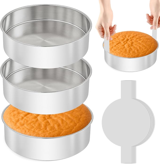 8 Inch Cake Pan - 3PCS Stainless Steel Round Layer Cake Baking Pans with 100 PCS Parchment Paper, Round Bakeware for Party Birthday Wedding, Mirror Finish & Dishwasher Safe by Unknown