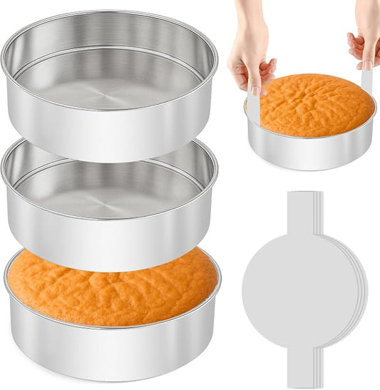 8 Inch Cake Pan - 3PCS Stainless Steel Round Layer Cake Baking Pans with 100 PCS Parchment Paper, Round Bakeware for Party Birthday Wedding, Mirror Finish & Dishwasher Safe by Unknown
