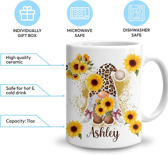Hyturtle Personalized Gnome Mug Gifts For Gnome Lover, Thank You Gift Ideas | Cool Birthday Gifts For Women - Motivational Sunflower Custom Name 11oz White Ceramic Coffee Tea Mug, Comfort grip handle - Image 3