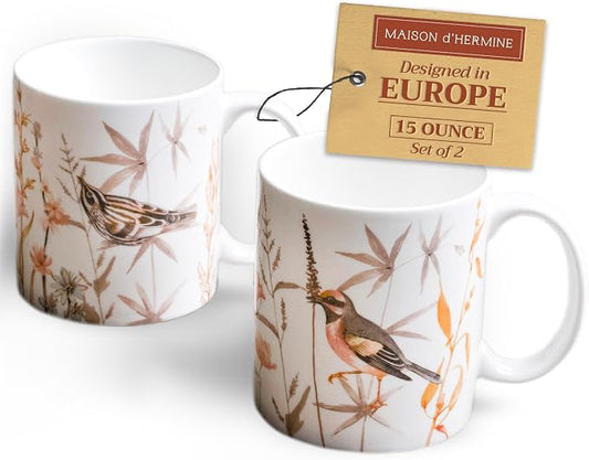 Maison d' Hermine Coffee Mug with Handles Tea Cups (15 Ounce, Pack of 2) | Fine Bone China Coffee Mugs for Hot Beverages Cappuccino Latte Home Restaurant Hotel Spring Summer -Meadow Florals - Beige by MaisondHermine