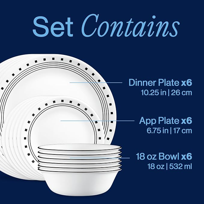 Corelle Vitrelle 18-Piece Service for 6 Dinnerware Set Triple Layer Glass and Chip Resistant, Lightweight Round Plates and Bowls Set, City Block - Image 3