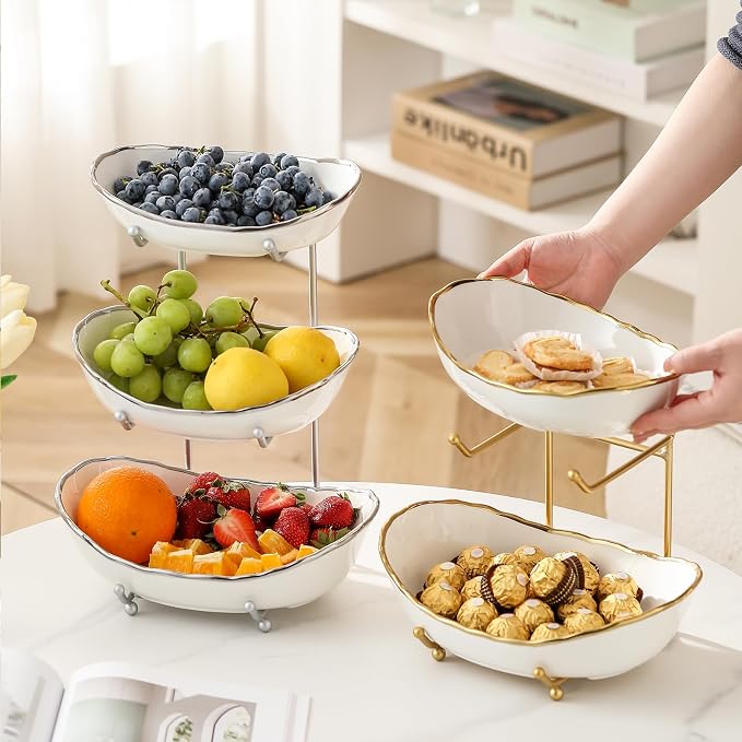 Ceramic Fruit Bowl for Kitchen Counter - 3 Tier Fruit Basket with Metal Stand, Tiered Fruit Stand for Countertop, Snack, Nuts, Cake, Dessert, Cute (Gold-rimmed, Small) - Image 5