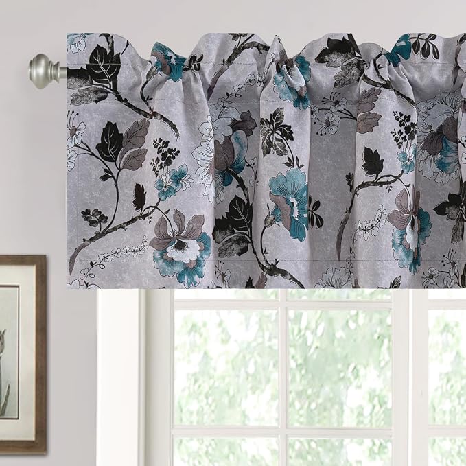 H.VERSAILTEX Blackout Curtain Valances for Kitchen Window/Living Room/Bathroom Privacy Added Rod Pocket Home Decoration Winow Valance, 52" W x 18" L, Floral in Grey and Teal by HVERSAILTEX