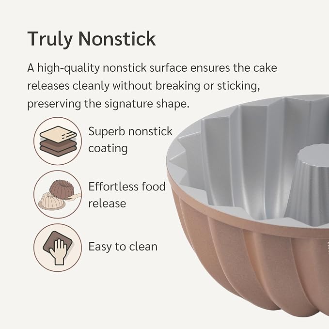 Classic 10 Cup Fluted Cake Pan Nonstick, PFOA & BPA Free | | Non-Toxic - Cast Aluminum - Gold - Pound Cake Mold for Oven Baking - Image 2