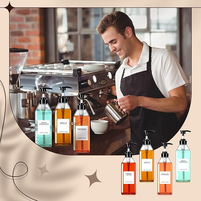 Nuogo 6 Pcs Coffee Syrup Dispenser Set 300ml, 500ml, 750ml Black Syrup Bottles with Pump Dispenser 27 Labels Kitchen Accessories(25.4 oz)