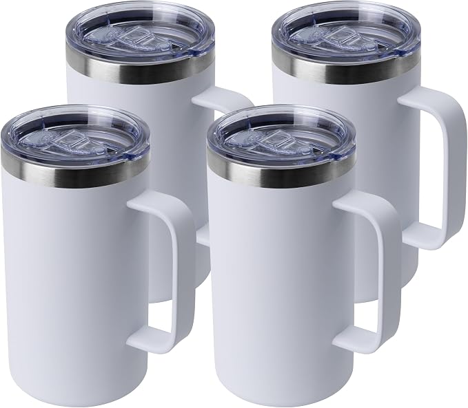 DOMICARE 24oz Mug with Handle and Lid, Stainless Steel Coffee Mug, Travel Mug with Handle, Double Wall Vacuum Coffee Tumbler, Reusable Insulated Cup, White, Pack 4 by VisittheDOMICARE