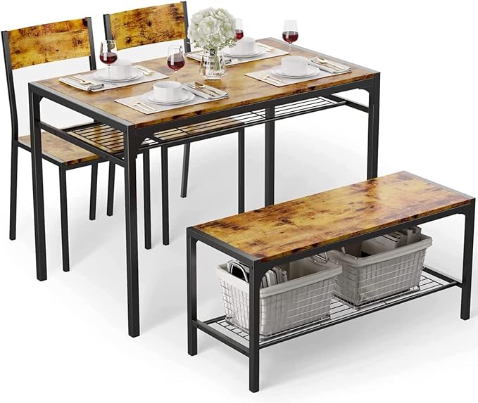 Gizoon 4-Piece Dining Table Set for 4, Kitchen Table with Bench Rustic | Space-saving rustic 4-piece dinette set with metal storage rack. Includes 2 ergonomic chairs and 1 bench. Easy to clean. by Gizoon