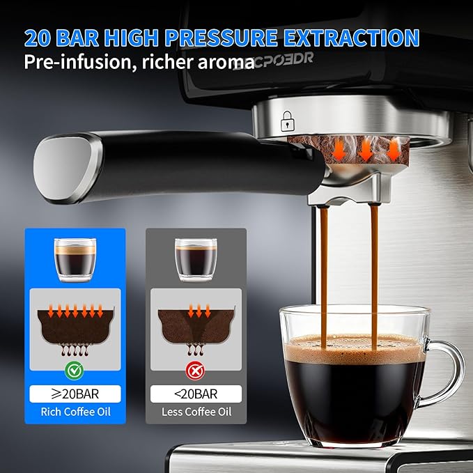 Espresso Machine, 20 Bar Cappuccino Machines with Milk Frother for Home, Compact Espresso Maker & Stainless Steel Coffee Machine for Cappuccino, Latte, Cold Brew, Silver