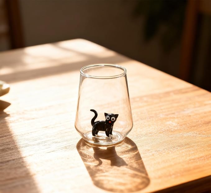 Cat Figurine Glass Cup 3D Animal Artisan Glassware Collection Handmade Cute Wine Cup Meow Garden Crystal Cat Tumbler Gothic Decorations Stemless Wineglass - Image 5