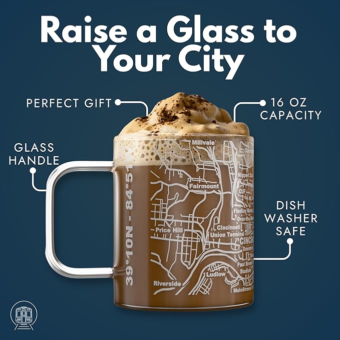 Greenline Goods – Cincinnati, OH Map Glass Coffee Mugs (Set of 2), 16 oz – Etched Wrap Design