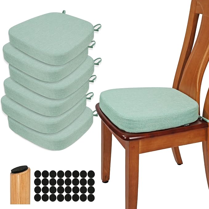 BUYUE Thickened 2.5" Dining Chair Cushions Set of 6, U-Shape High Density Foam Comfortable Chair Pads for Kitchen, Slip Resistant Indoor Seat Cushions (6 PCS, Light Green) by BUYUE