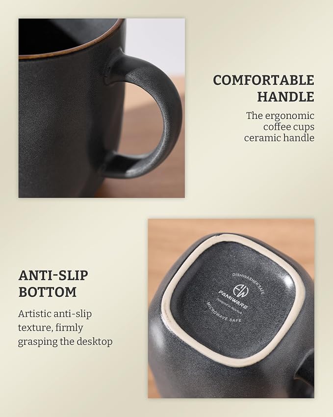 famiware Coffee Mugs Set of 6, Ocean Square 13oz Coffee Cup Set with Handle for Cocoa, Milk, Hot Chocolate, Tea, Water, Stoneware Cups for Kitchen, Microwave and Dishwasher Safe, Matte Black - Image 7
