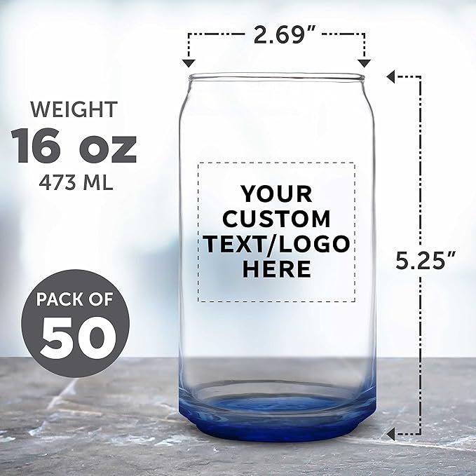 Custom Beer Can Glasses Set of 50, 16 oz. Pint Sized, Promotional Text, Logo, Soda Can Shape, Glassware, Blue