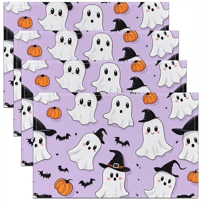 Feelyou Happy Halloween Placemats Set of 4 Cute Ghost Pumpkin Table Mats for Party Kitchen Dining Decoration Holiday Seasonal Purple White Place Mat for Dinner Table Indoor Outdoor 18"x12" Bats by Feelyou