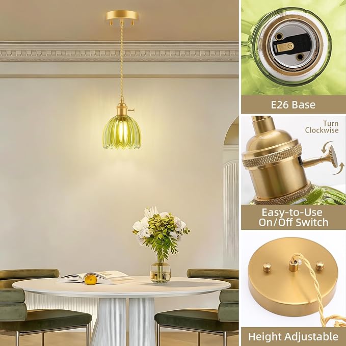 Ralbay Vintage Pendant Lights Kitchen Island,Green Tulip Glass Shade,3Packs | Mini Pendant Light Fixture with Switch,Adjustable Brass Hanging Light for Bedroom, Dining Room, Hallway,Bar - Image 3