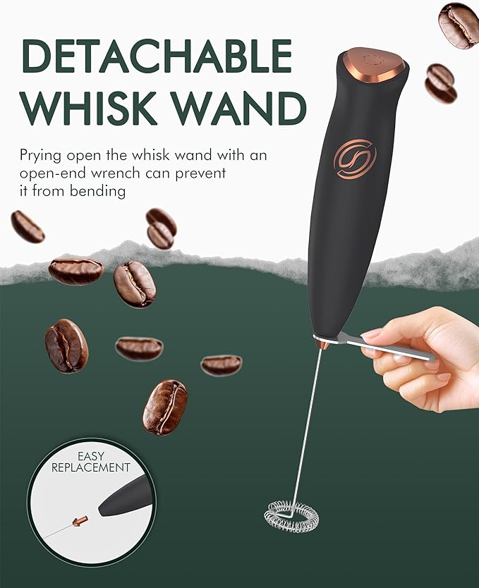 Milk Frother With Stand Handheld Frother Wand Drink Mixer Handheld Coffee Stirrers Electric Frother for Coffee Mixer Wand with 2 Whisk frother for protein powder-Black/Copper