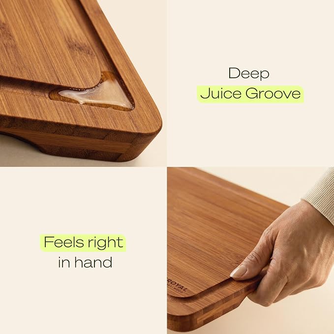 ROYAL CRAFT WOOD Wooden Cutting Boards for Kitchen Meal Prep & Serving - Bamboo Non Toxic Cutting Board Set with Deep Juice Groove Side Handles - Charcuterie & Chopping Butcher Block for Meat (4 Pcs) - Image 6